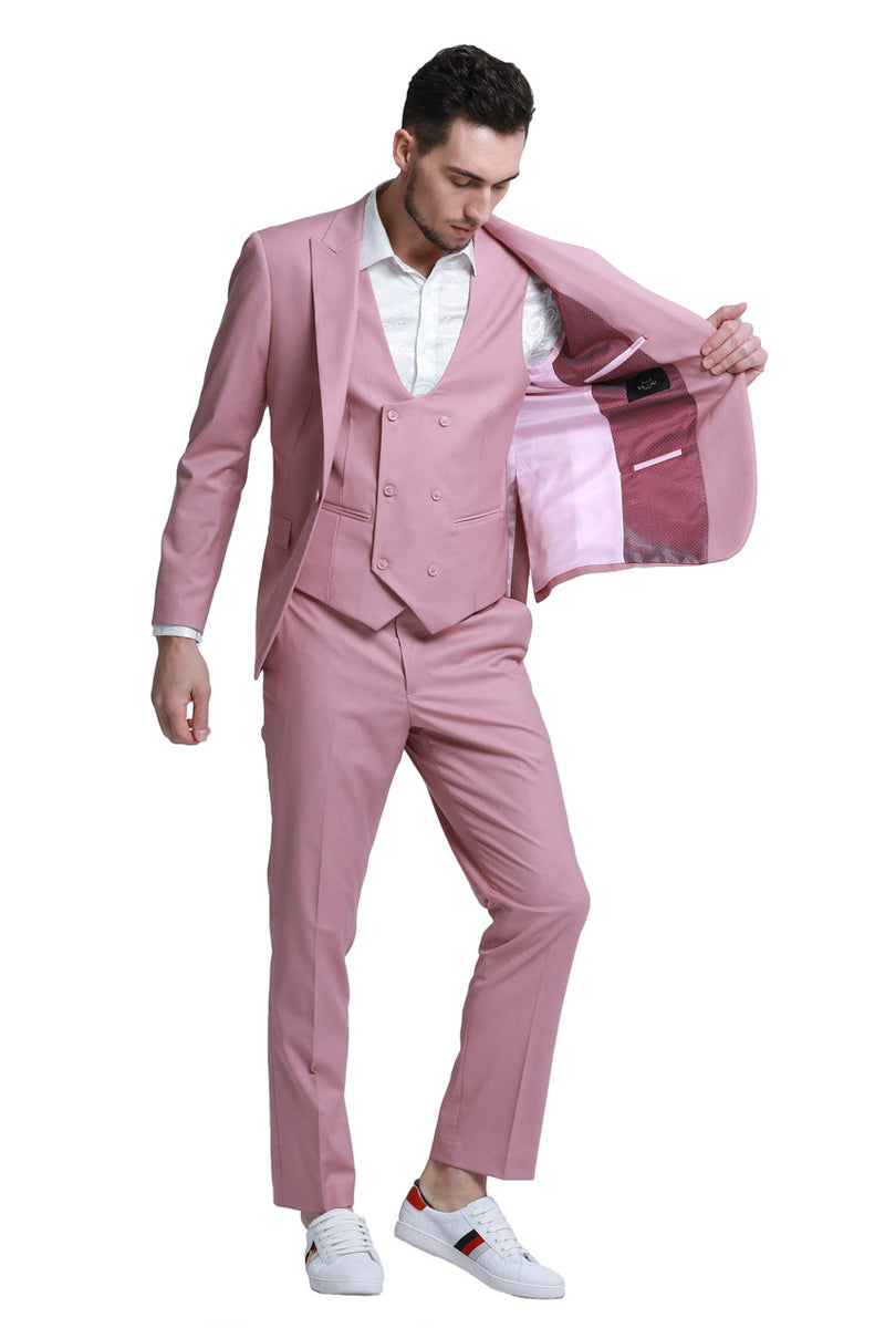 Men’s Slim Fit One Button Peak Lapel Low Cut Double Breasted Vest Wedding Suit in Mauve Pink
