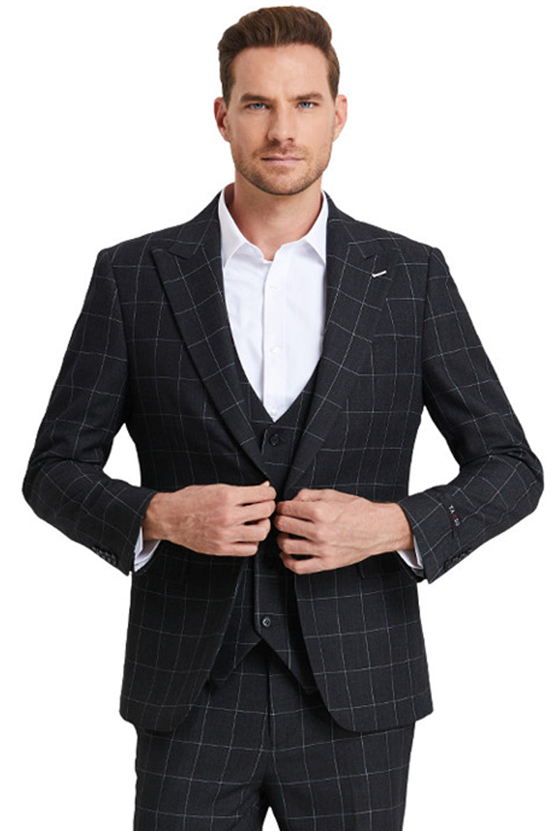 Men’s One Button Peak Lapel Vested Bold Chalk Windowpane Plaid Suit in Black