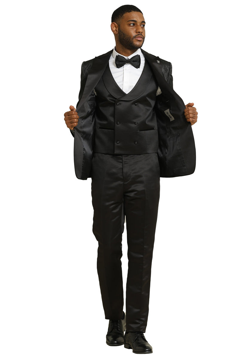 Men’s Stacy Adams Shiny Brocade Wedding & Prom Tuxedo with Double Breasted Vest in Black