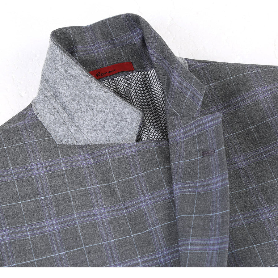 Mens Classic Fit Two Button Suit in Dark Grey and Lavender Windowpane Plaid