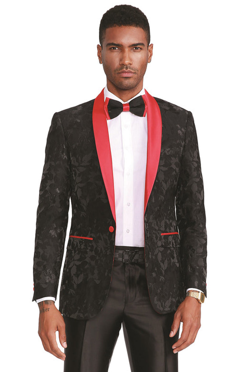 Men’s Slim Fit Black Paisley Prom Tuxedo Jacket with Red Lapel