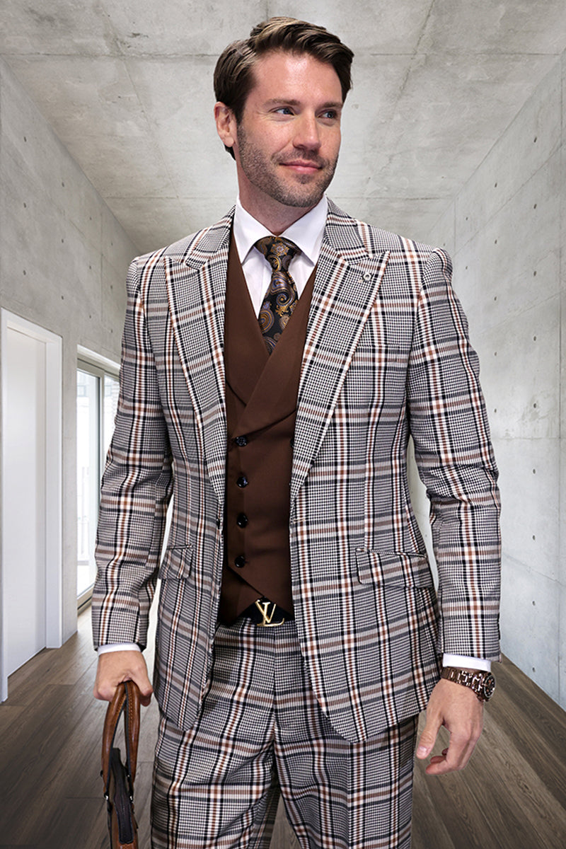 Men’s Designer Vested Wide Peak Lapel Houndstooth Plaid Suit in Tan