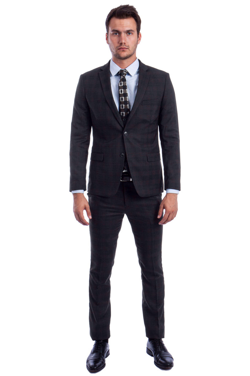 Men’s Two Button Vested Skinny Fit Suit with Low Cut Vest in Black Plaid
