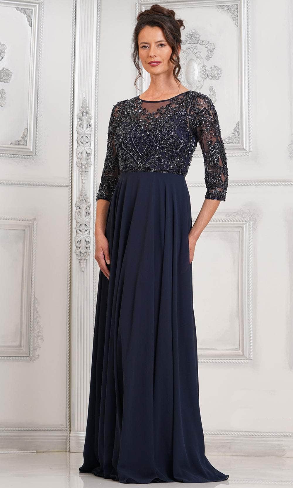 Embroidered Quarter Sleeve Formal Dress
