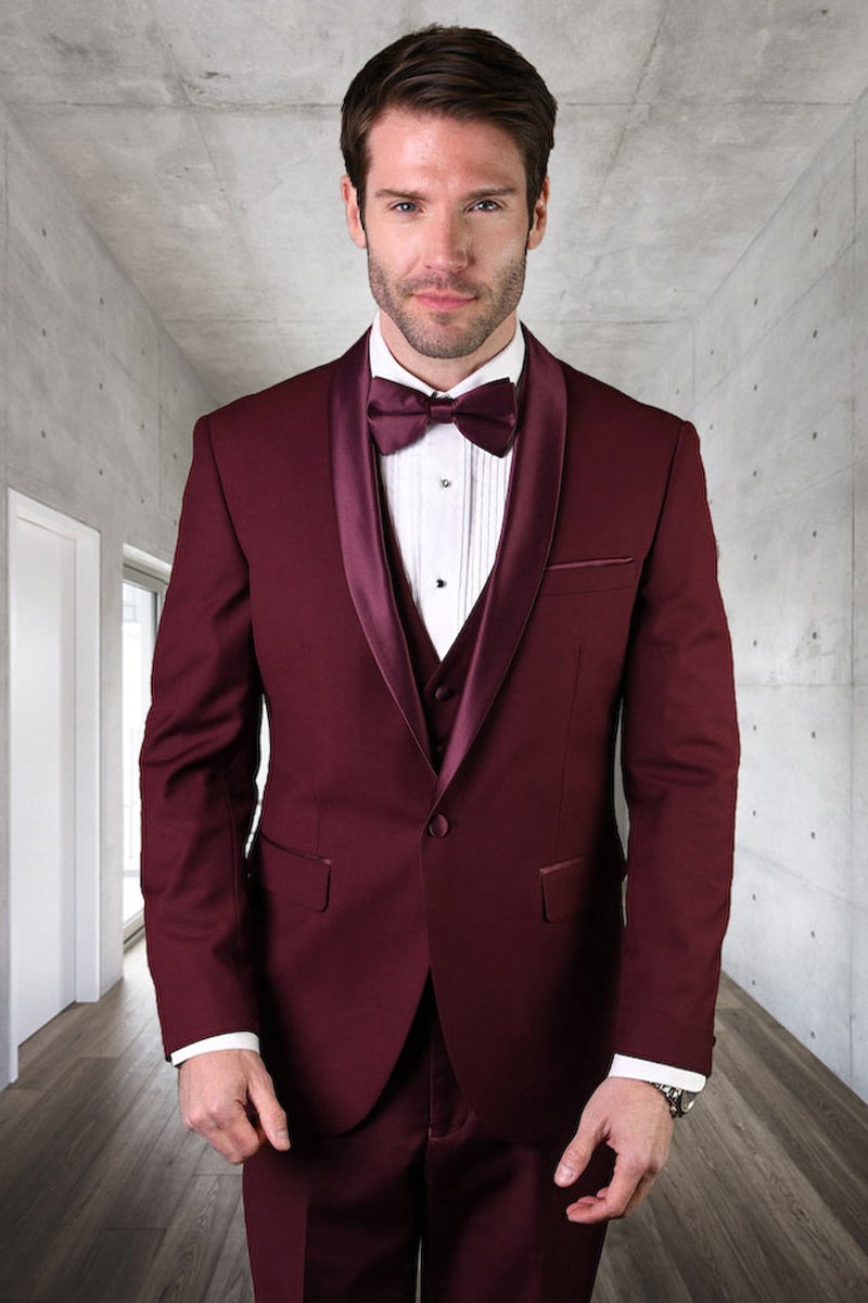 Men’s Designer Wool One Button Shawl Lapel Wedding Tuxedo in Burgundy