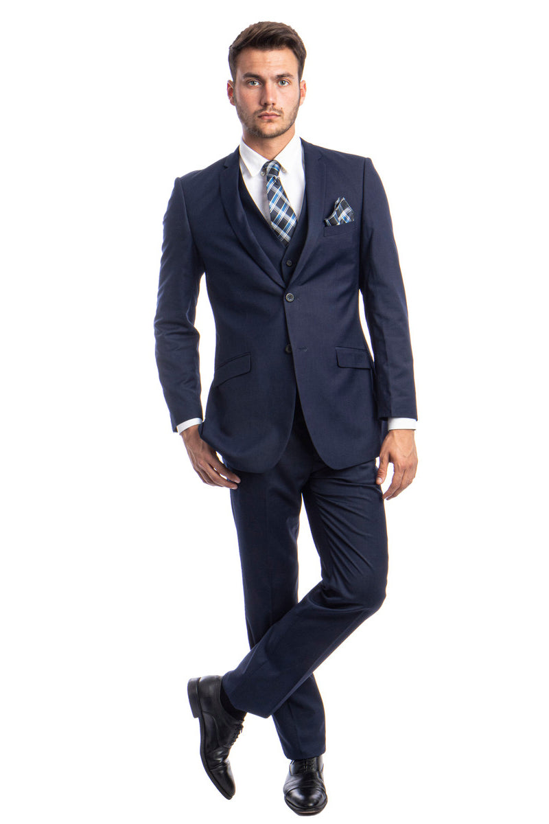 Men’s Two Button Slim Fit Basic Vested Wedding Suit in Indigo Navy