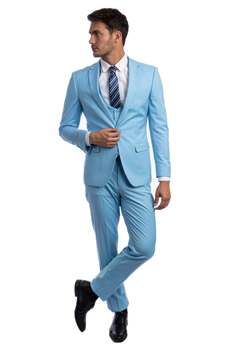 Men’s One Button Peak Lapel Skinny Wedding & Prom Suit with Lowcut Vest in Sky Blue