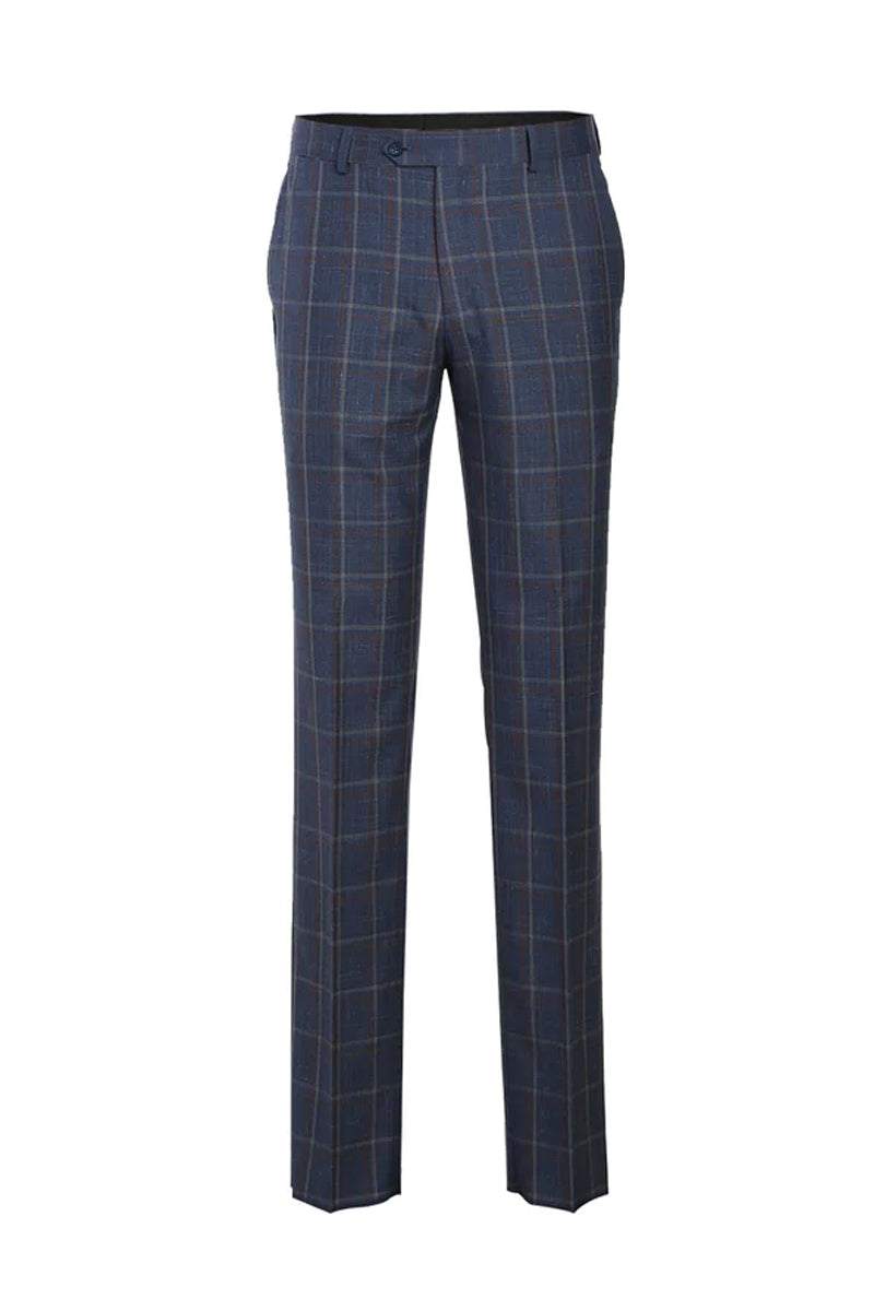 Mens Designer Two Button Slim Fit Notch Lapel Wool Suit in Steel Blue & Orange Windopane Plaid