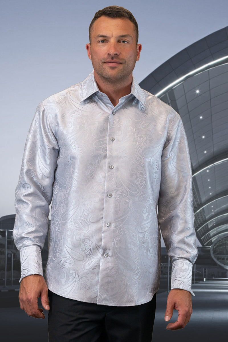 Men’s Fancy Long Sleeve Woven Paisley Dress Shirt in Silver Grey