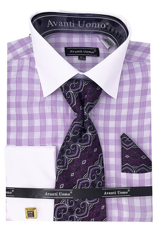 Men’s Contrast Collar French Cuff Checkered Plaid Dress Shirt Set in Lilac
