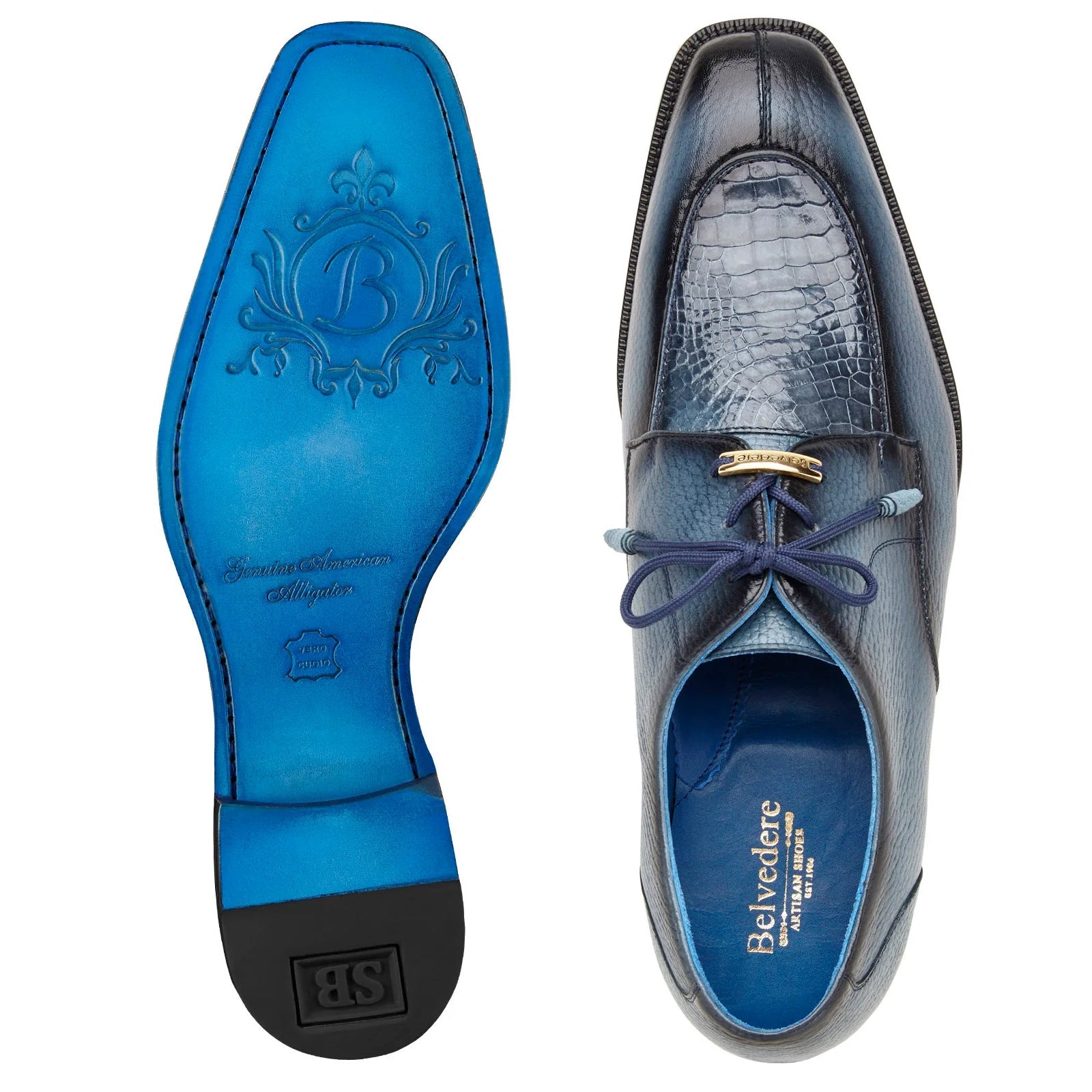 Men’s Belvedere Primo Alligator & Calfskin Moc-Toe Dress Shoe in Safari Blue