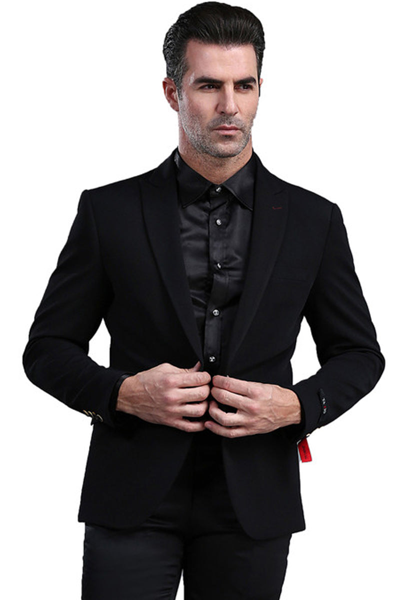 Men’s One Button Peak Lapel Skinny Fit Blazer in Black