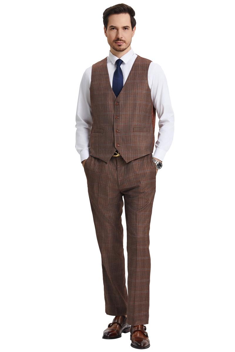 Men’s Stacy Adams Vested Modern Fit Windowpane Plaid Suit in Light Brown