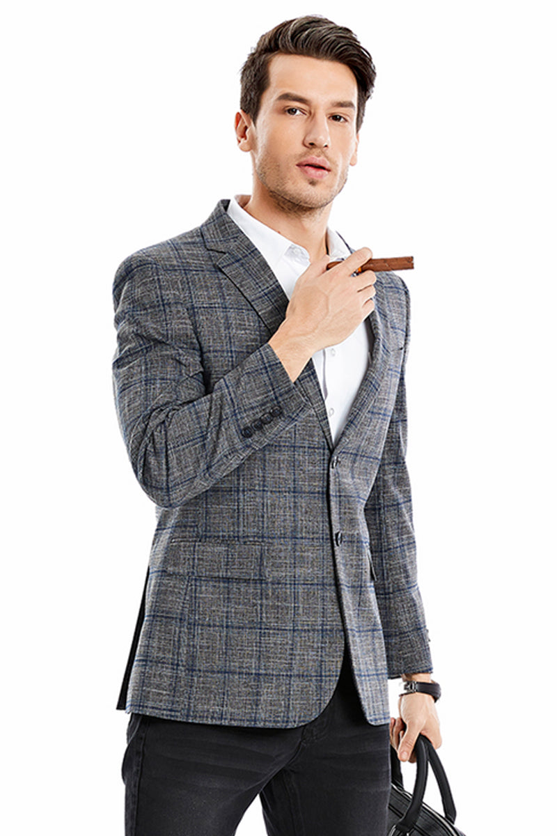 Men’s Two Button Slim Fit Glen Plaid Sport Coat Blazer in Charcoal Grey