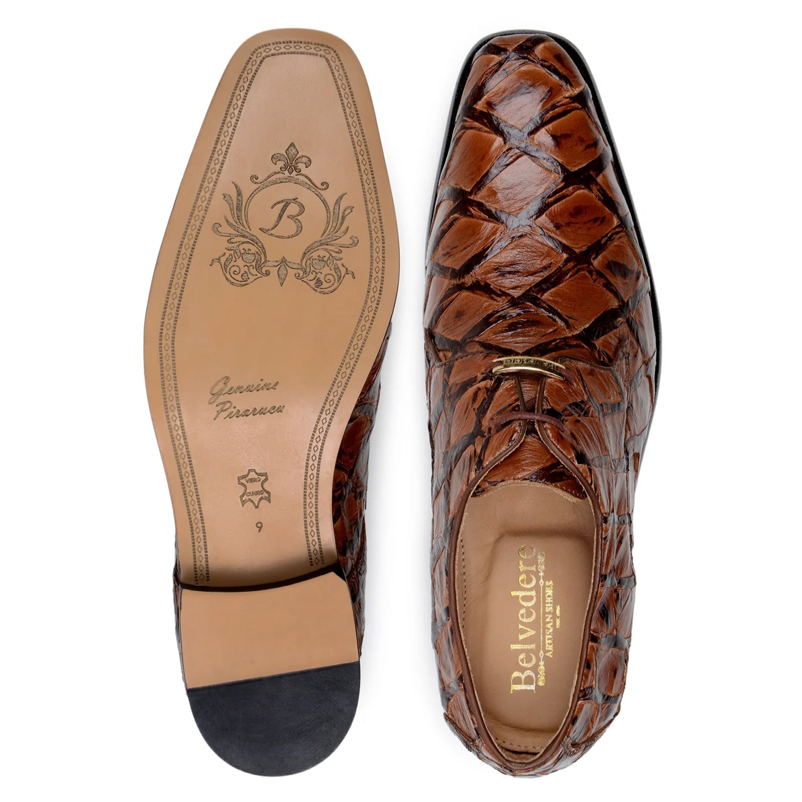 Men’s Belvedere Renzo Genuine Pirarucu Lace Up Derby Dress Shoe in Almond Tan