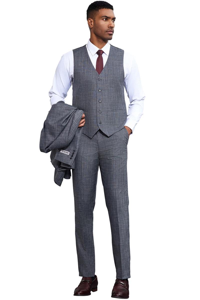 Men’s Stacy Adams Vested Sharkskin Weave Pattern Suit in Grey