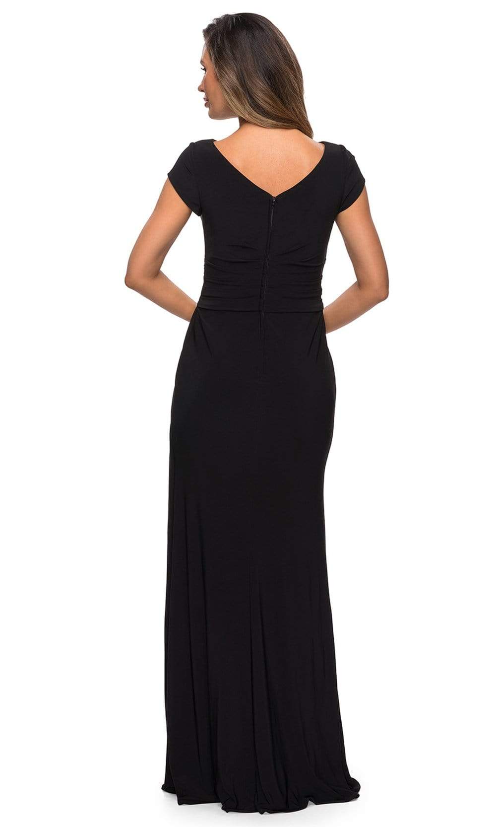 28026 Bateau Neck Cap Sleeve Sleek Jersey Long Dress