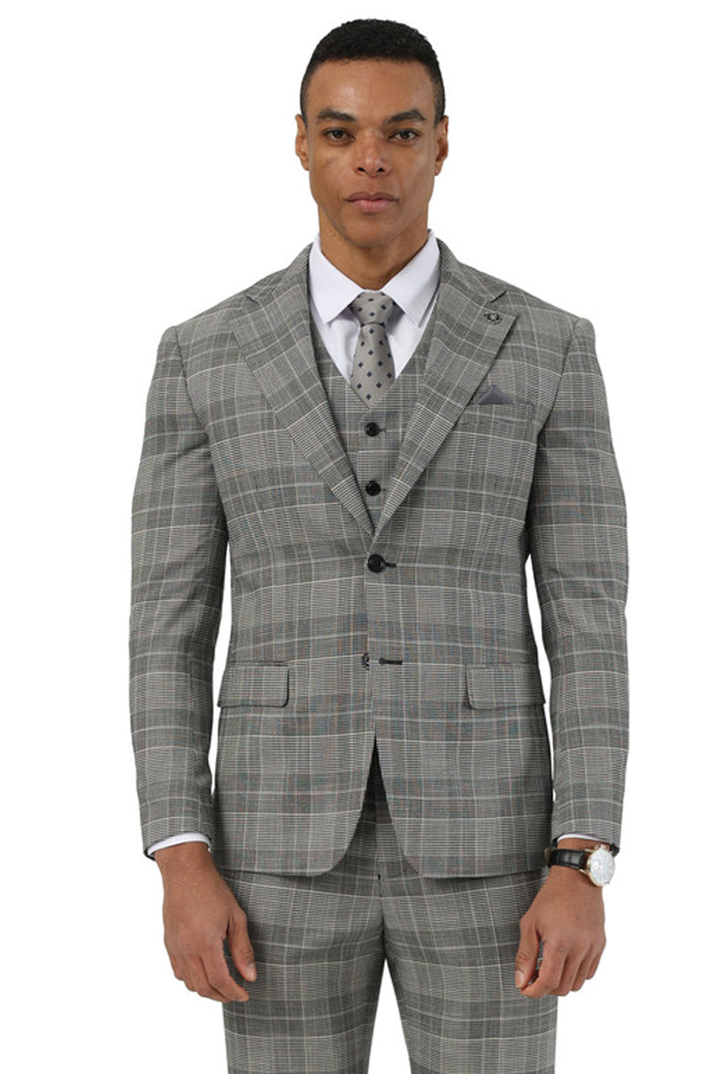 Men’s Stacy Adams Two Button Wide Notch Lapel Vested Suit in Grey Glen Plaid