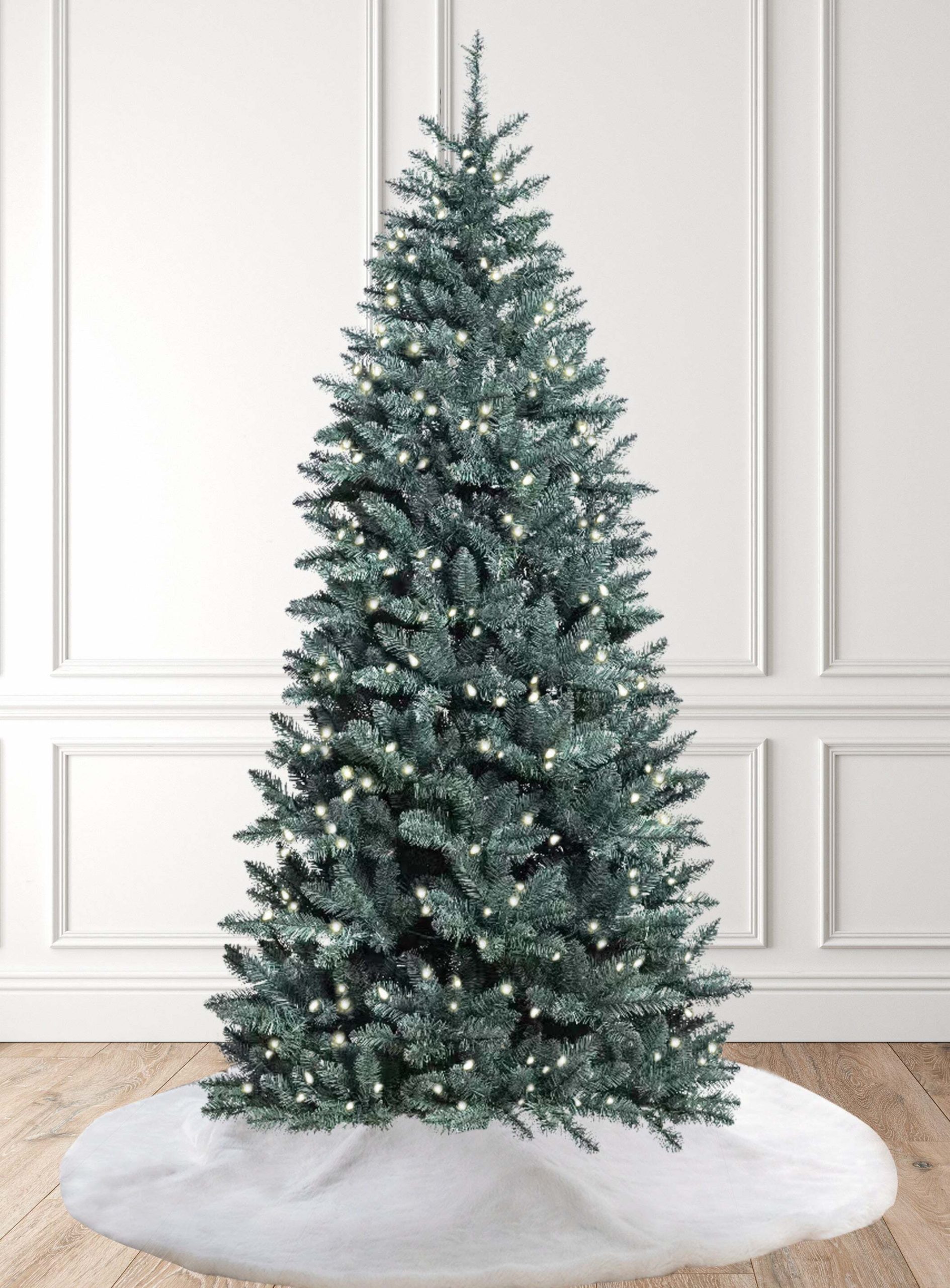 9′ Tribeca Spruce Blue Slim Artificial Christmas Tree with 650 Warm White LED Lights