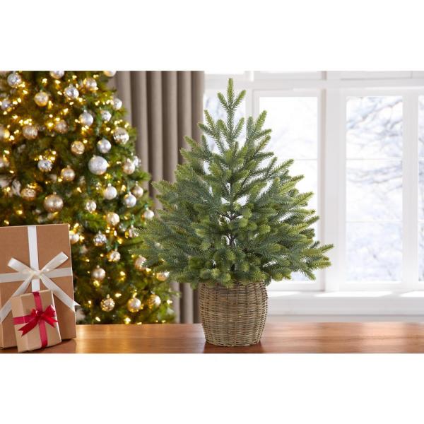 30 in Green Fir Tabletop Artificial Christmas Tree with Wicker Basket