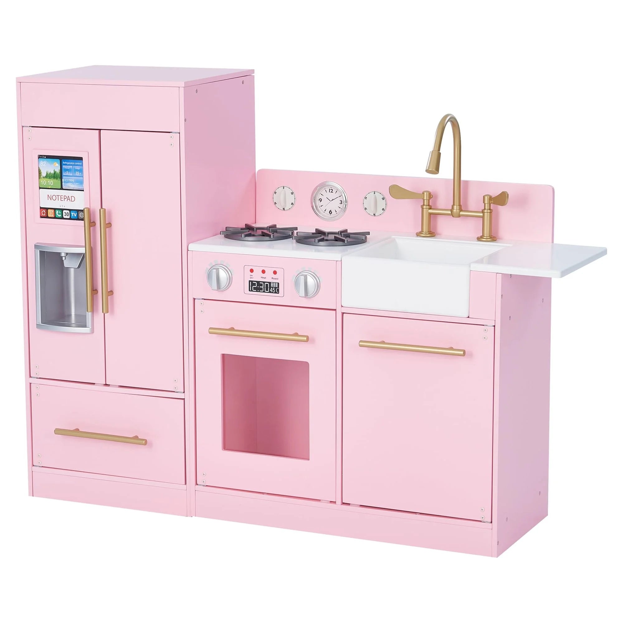 Teamson Kids Little Chef Charlotte Modern Play Kitchen with Free-Standing Refrigerator, Separate Kitchenette Unit, & Interactive Features, Pink