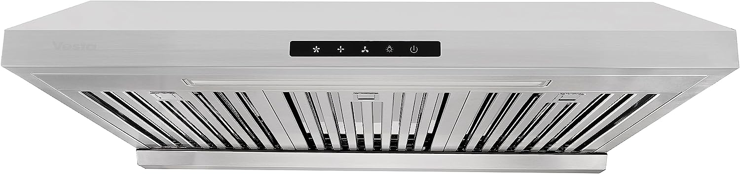Powerful 30 Inch Under Cabinet Range Hood With Seamless Stainless Steel Body, Twin Turbo Motors, 3 Speed Touch Screen, Round Vent, Baffle Filters, LED Lights, Oil Collector