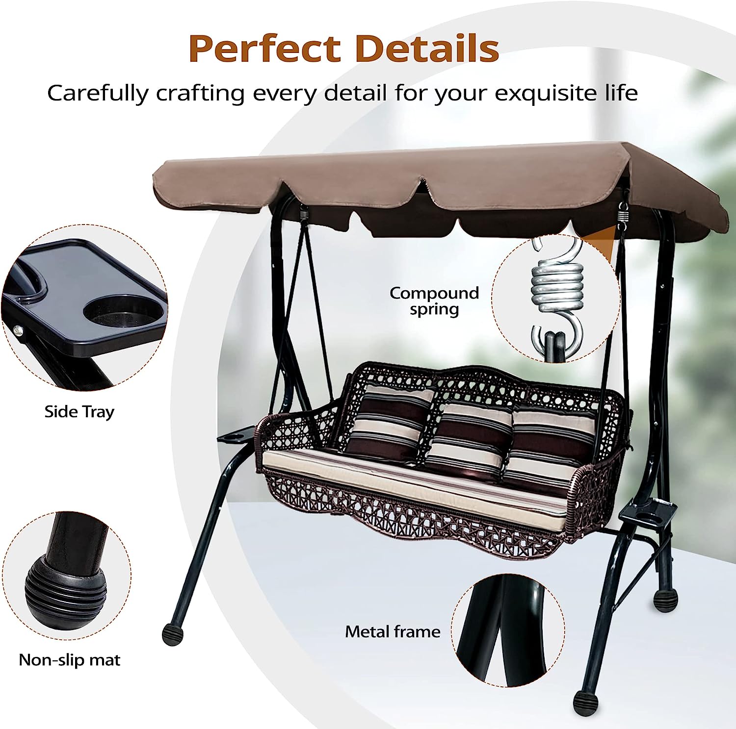 J.M.Deco 3 Seat Porch Swing, Outdoor Swing with Canopy Adjustable, 3 Pillows & 2 Side Trays, Wicker Patio Swing Chair for Balcony, Garden, Poolside, Backyard (Brown)