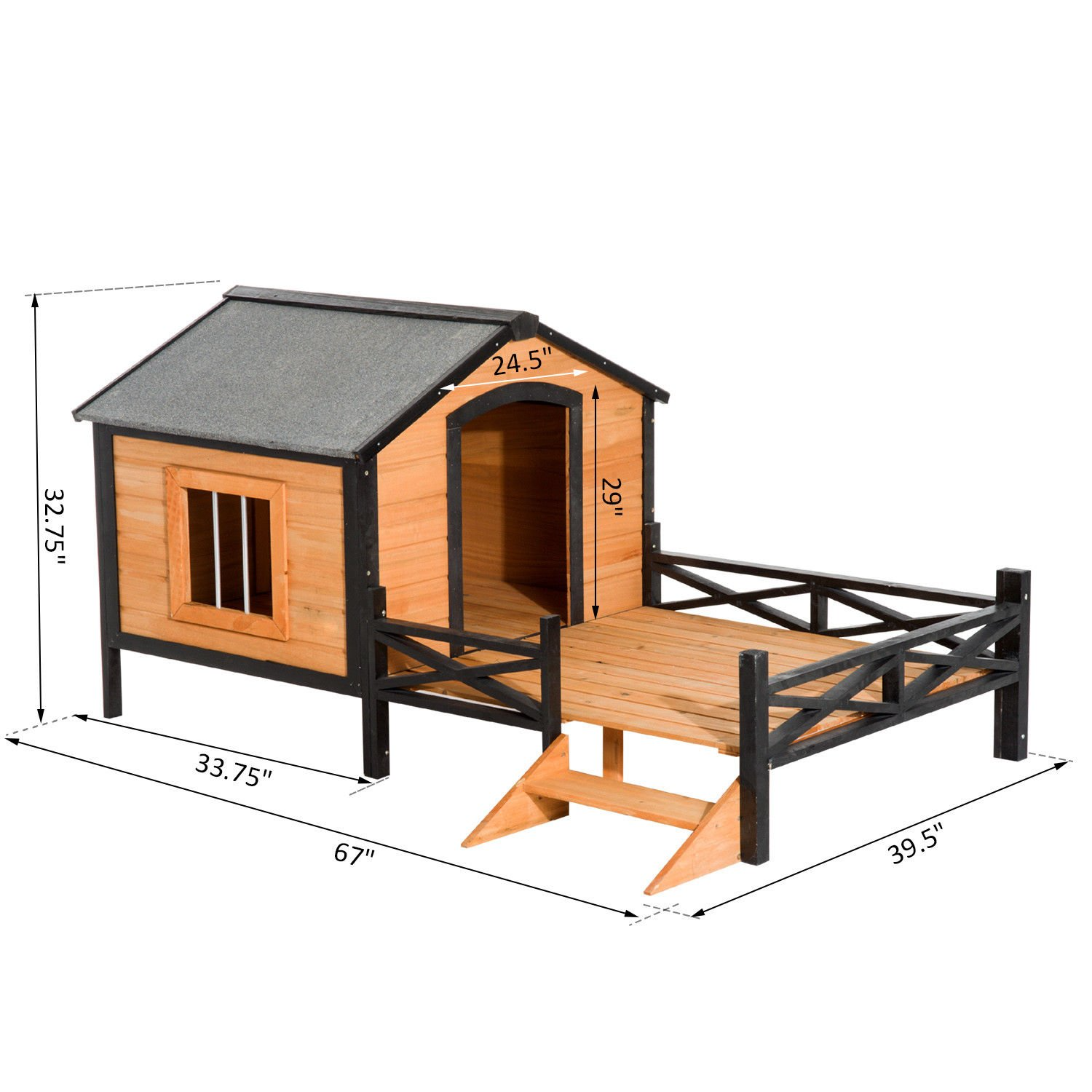 【Home&Garden】67″ Large Wooden Cabin Style Elevated Outdoor Dog House with Porch