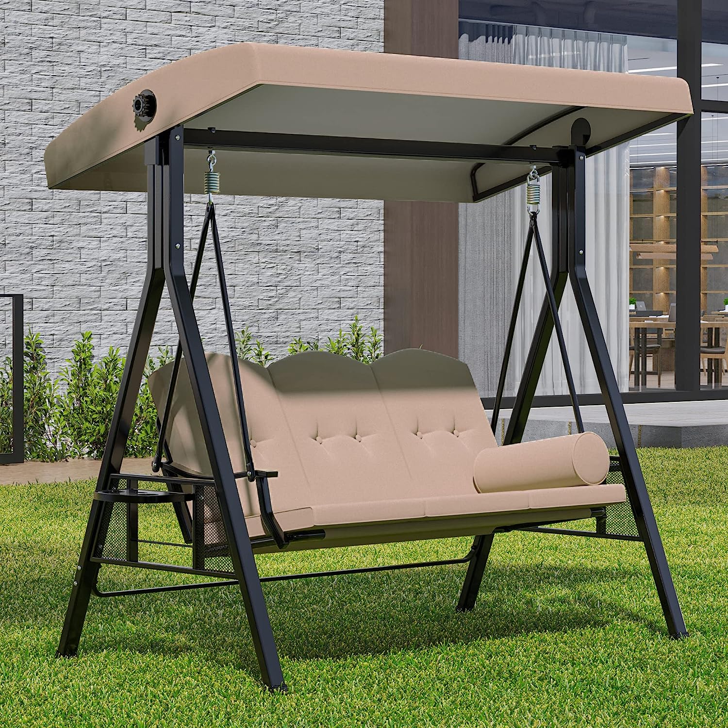 YITAHOME 3-Seat Deluxe Porch Swing Outdoor Heavy Duty Patio Swing Chair with Adjustable Canopy Removable Cushions Weather Resistant Steel Frame Suitable for Garden, Lawn, Backyard, Balcony, Brown