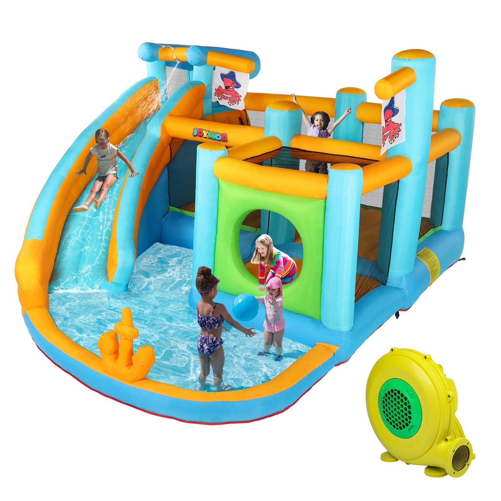 JOYMOR Iatable Water Slide Park, Pirate Themed Bounce House w/ Obstacle Course, Water Cannon, Splash Pool, Water Slide Bouncer Castle Outdoor Backyard Playhouse for Age 3-12 Kids (Included Blower)