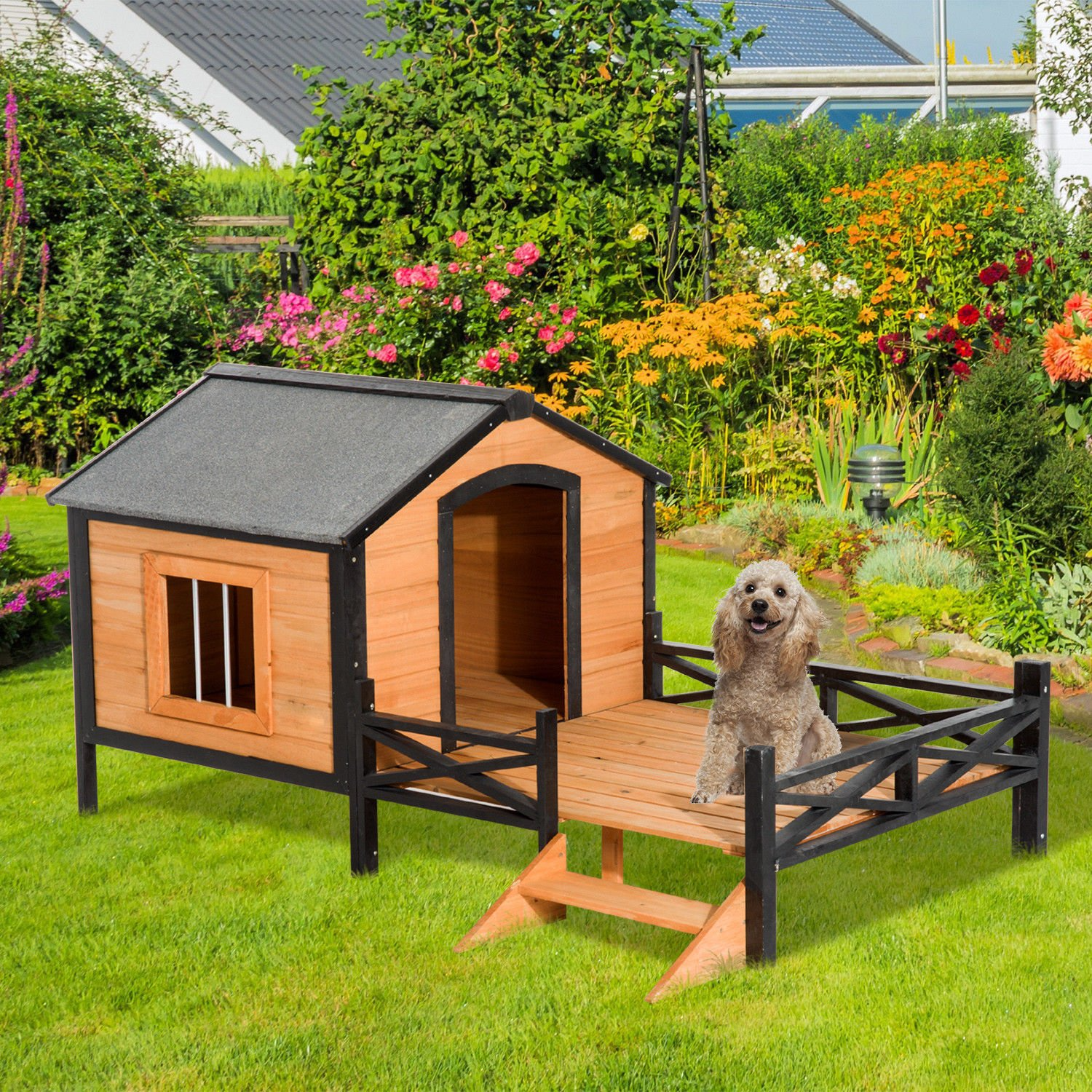 【Home&Garden】67″ Large Wooden Cabin Style Elevated Outdoor Dog House with Porch