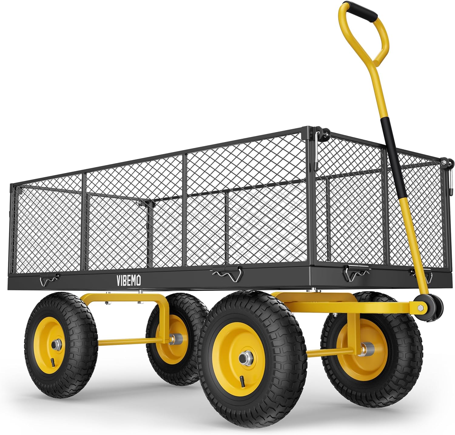 Steel Garden Cart, 2-in-1 1400 lbs Heavy Duty Utility Wagon, with Removable Mesh Sides to Convert into Flatbed, 240° U-Turn 13″ Pneumatic Tires Garden Wagon for Farm Yard Lawn Garden Camping