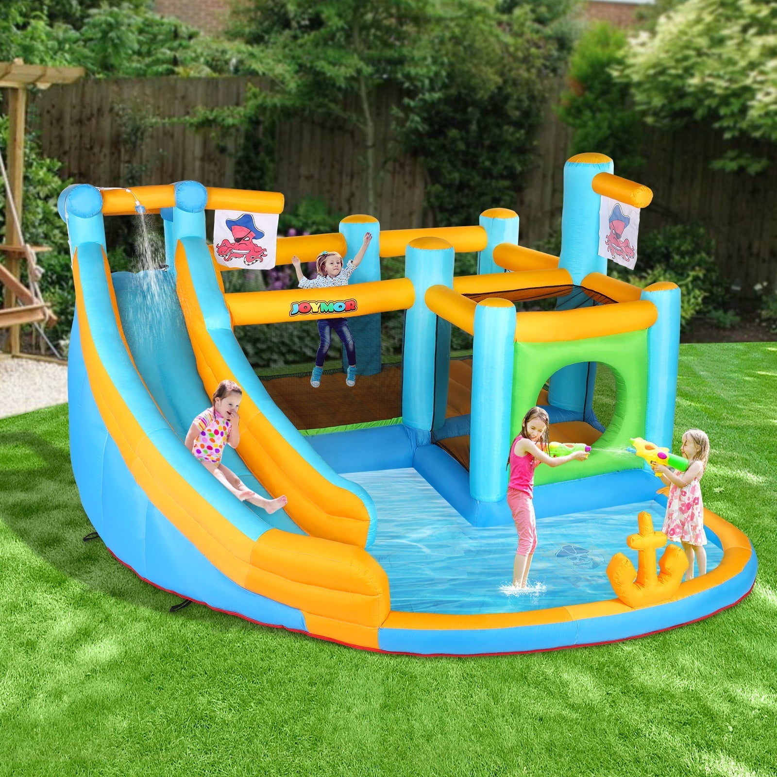JOYMOR Iatable Water Slide Park, Pirate Themed Bounce House w/ Obstacle Course, Water Cannon, Splash Pool, Water Slide Bouncer Castle Outdoor Backyard Playhouse for Age 3-12 Kids (Included Blower)
