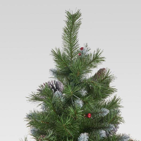 7.5 ft. Unlit Mixed Spruce Hinged Artificial Christmas Tree with Frosted Branches, Berries and Pinecones