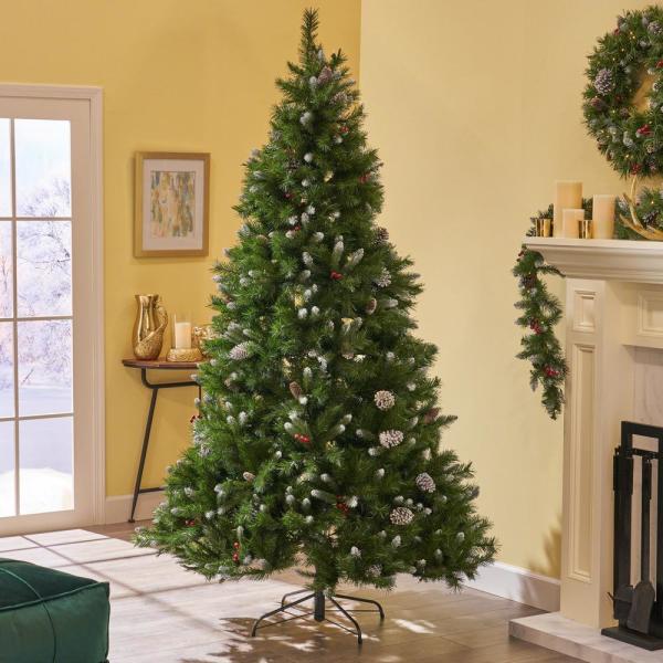 9 ft. Unlit Mixed Spruce Hinged Artificial Christmas Tree with Frosted Branches, Berries and Pinecones
