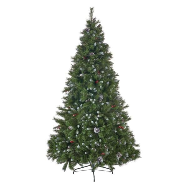 7.5 ft. Unlit Mixed Spruce Hinged Artificial Christmas Tree with Frosted Branches, Berries and Pinecones