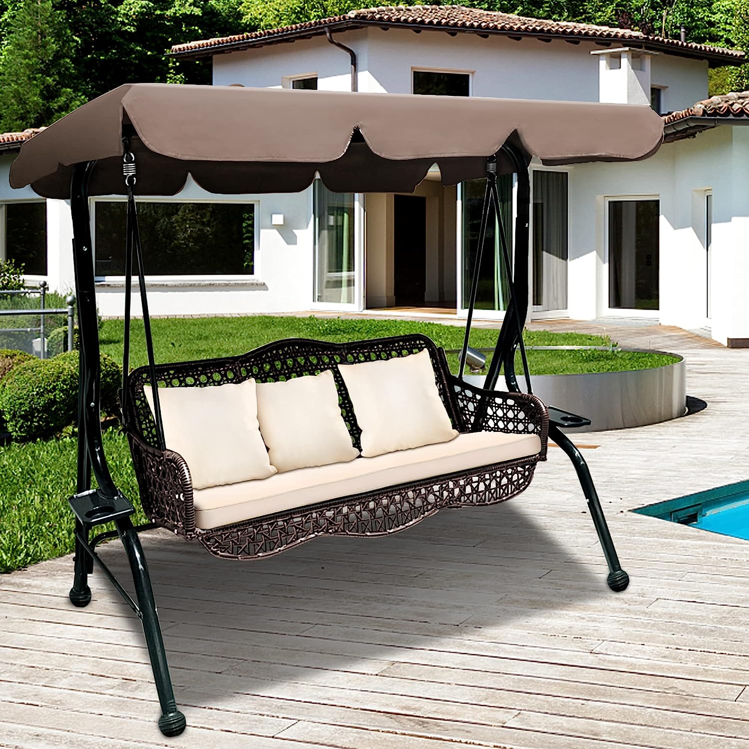 J.M.Deco 3 Seat Porch Swing, Outdoor Swing with Canopy Adjustable, 3 Pillows & 2 Side Trays, Wicker Patio Swing Chair for Balcony, Garden, Poolside, Backyard (Brown)