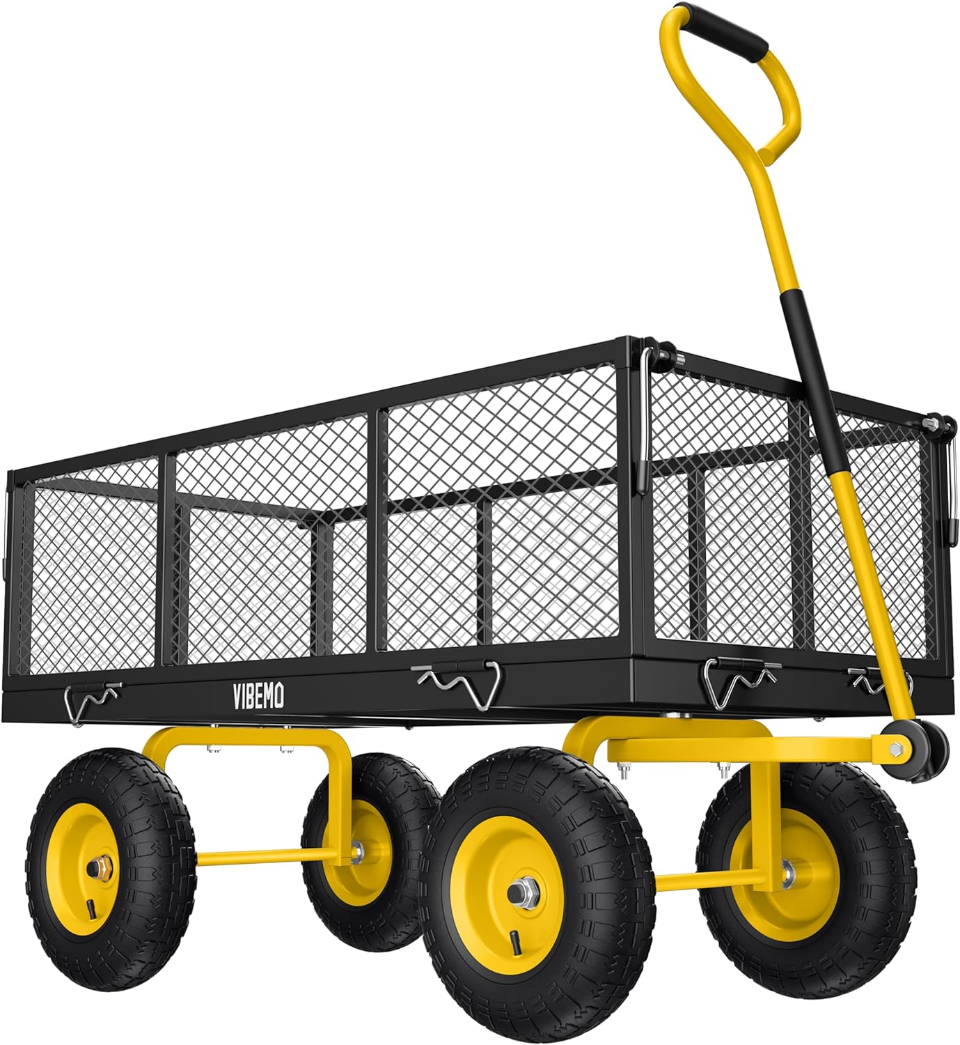 Steel Garden Cart, 2-in-1 1400 lbs Heavy Duty Utility Wagon, with Removable Mesh Sides to Convert into Flatbed, 240° U-Turn 13″ Pneumatic Tires Garden Wagon for Farm Yard Lawn Garden Camping
