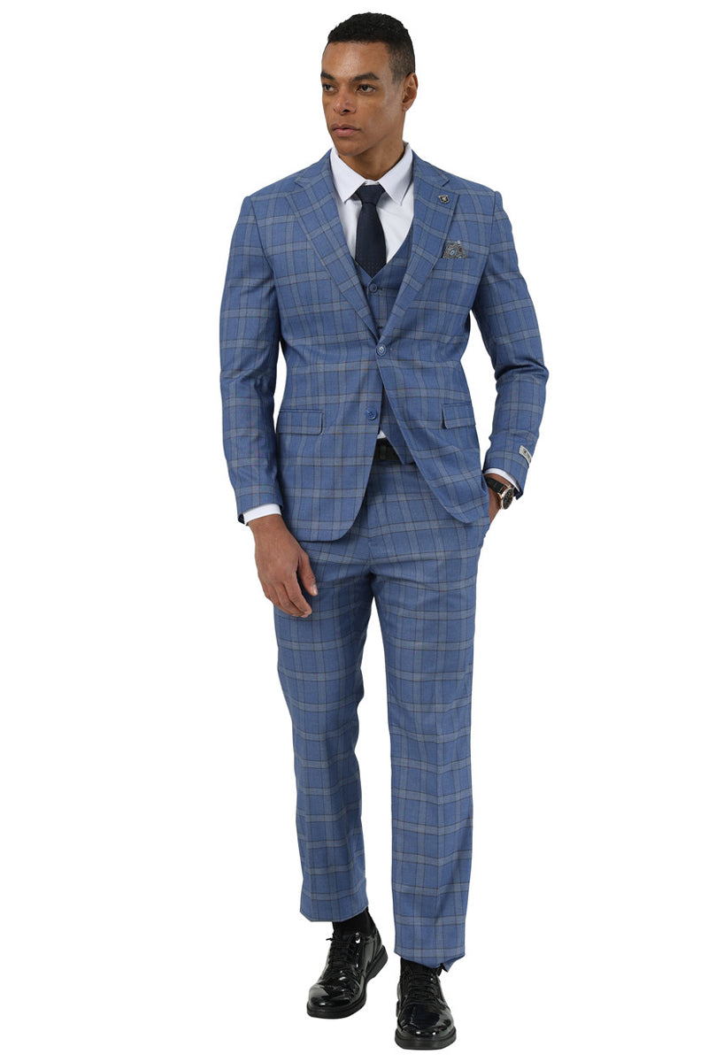 Men's Designer Stacy Adams Vested Glen Plaid Suit in Blue