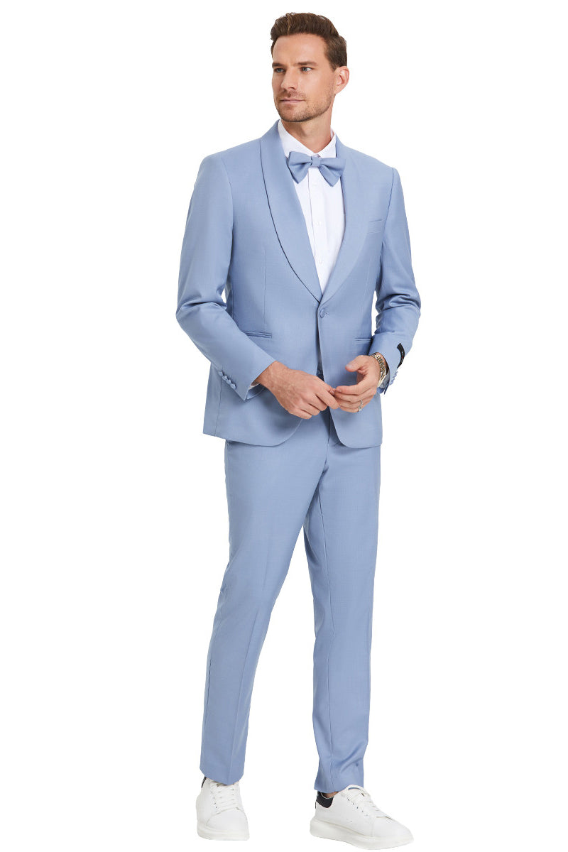 Men's One Button Shawl Lapel Dinner Jacket Style Wedding Suit in Sky Blue
