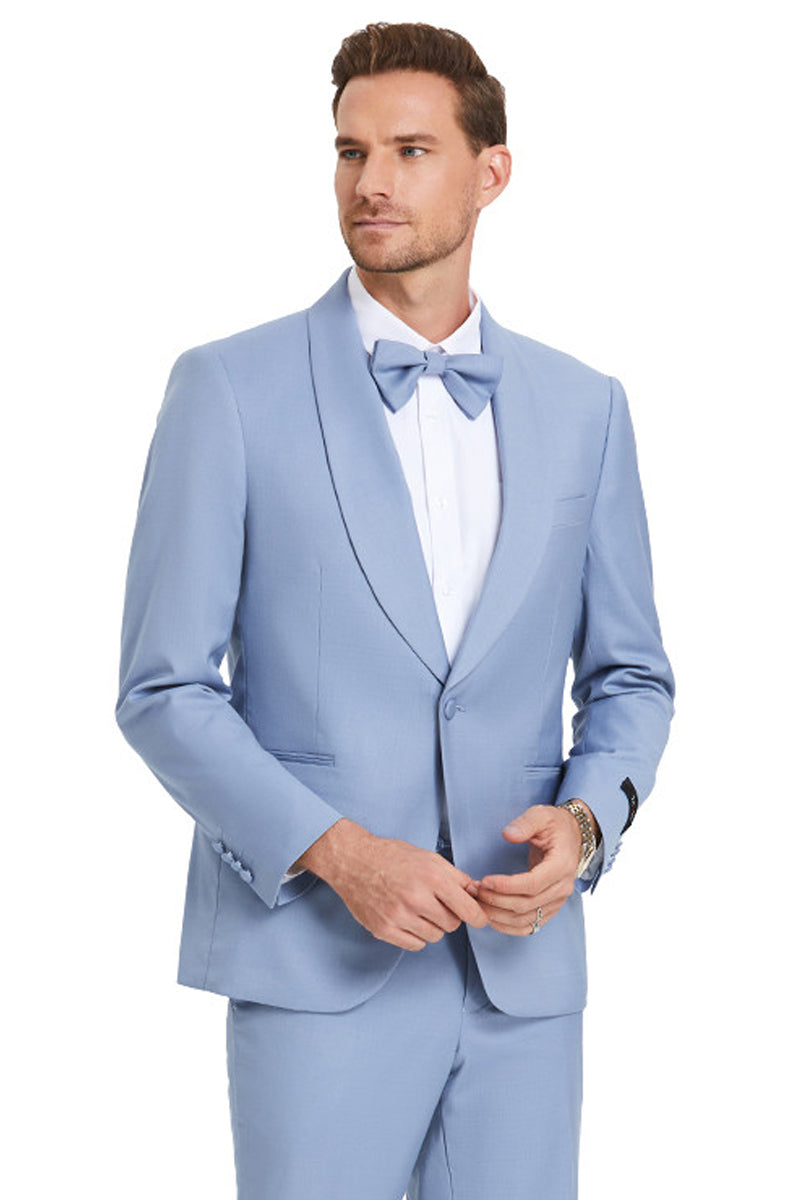 Men's One Button Shawl Lapel Dinner Jacket Style Wedding Suit in Sky Blue