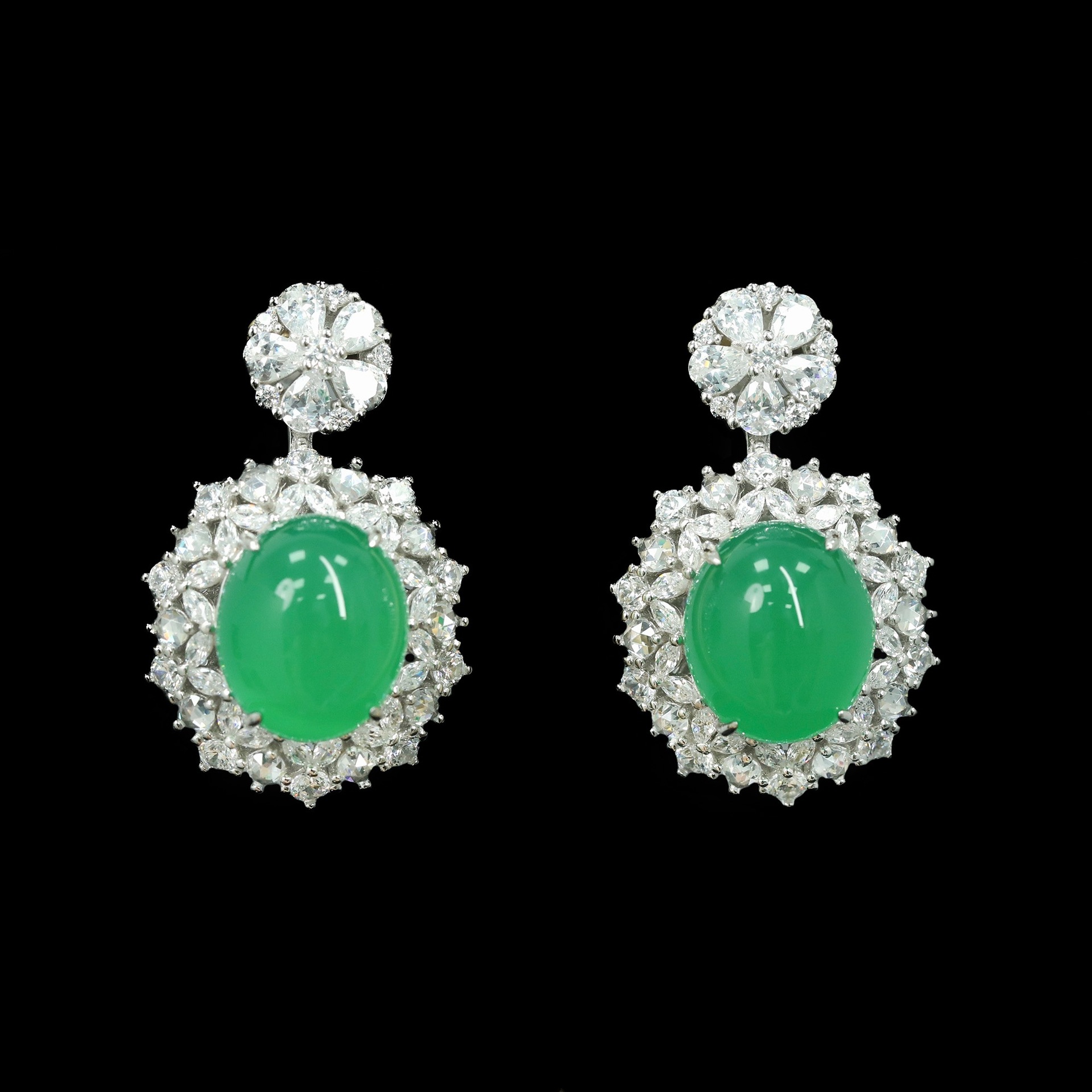 925 Silver Gold-Plated High Carbon Diamond & Natural Chalcedony Egg-Shaped Floral Earrings