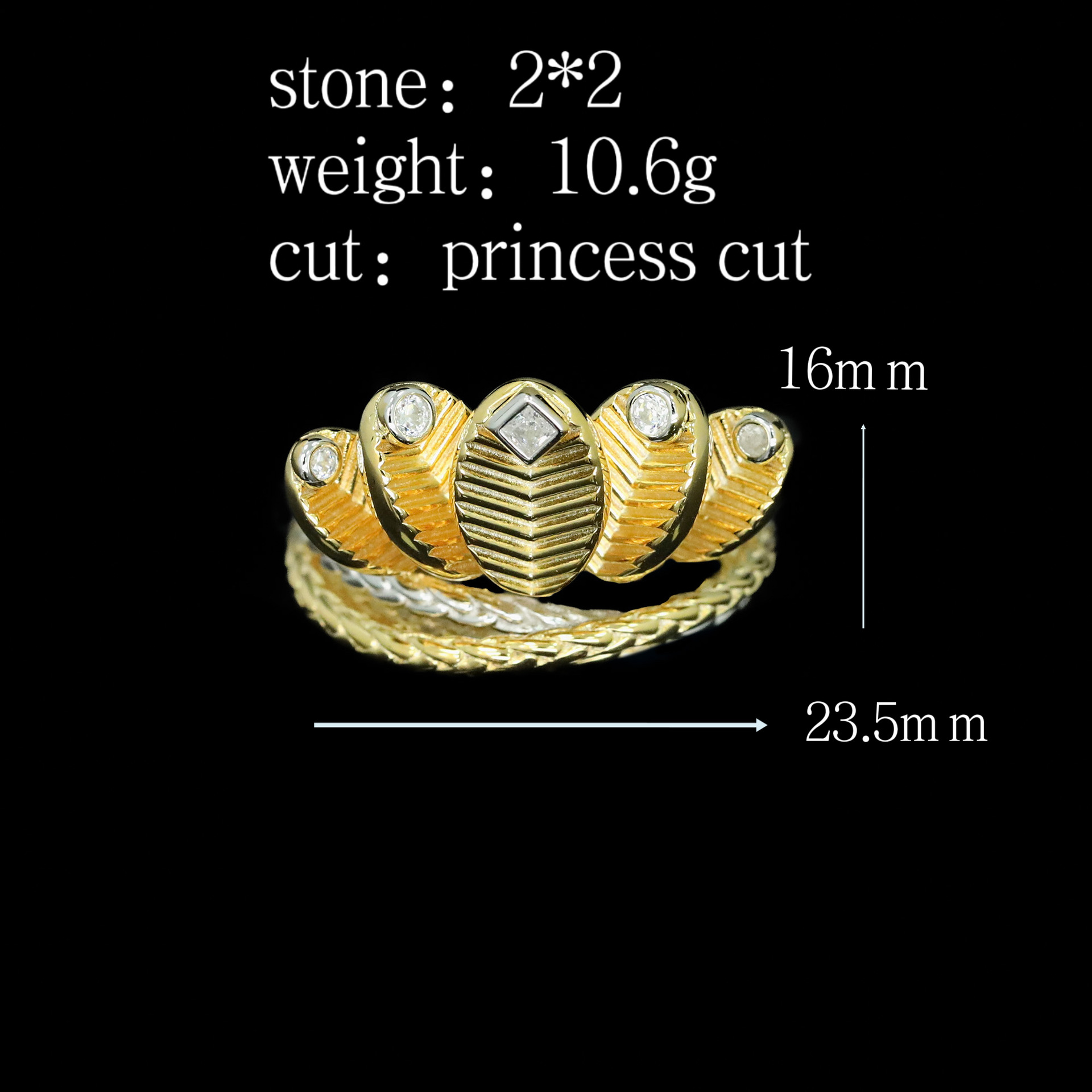 925 Silver Gold-Plated Single Row Coffee Bean Ring with High Carbon Diamond Accents