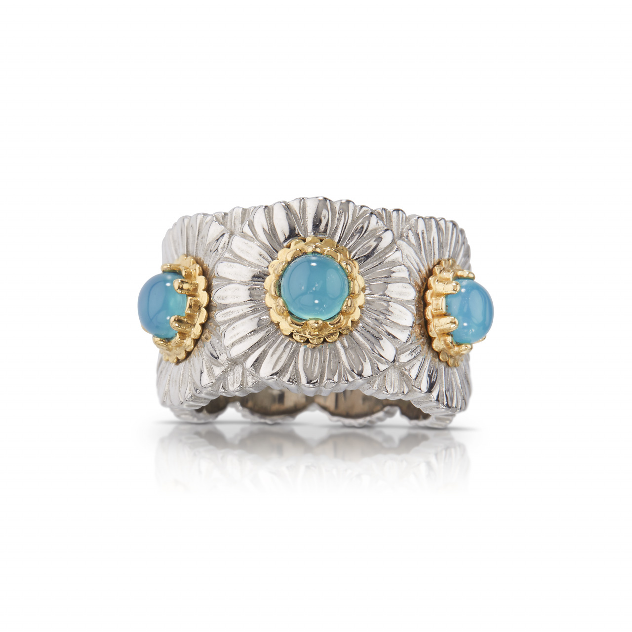 925 Silver Gold-Plated High Carbon Diamond Daisy Blue Agate Ring