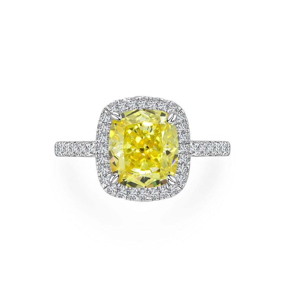 Elegant S925 Sterling Silver 3 Carat Yellow Ice Flower Cut Ring with 8*9 High Carbon Diamonds