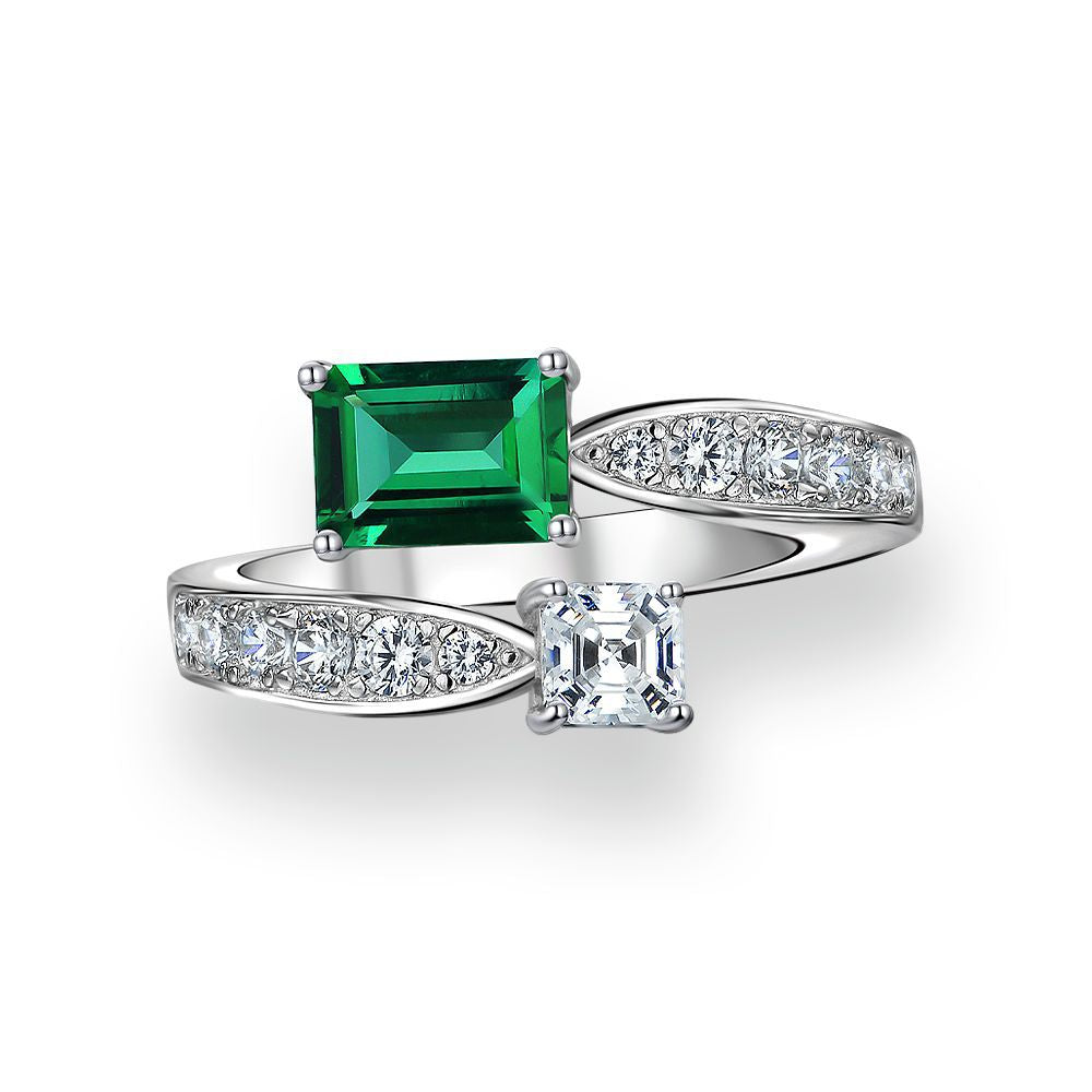 S925 Sterling Silver 1ct Cultured Emerald Ring with 5×7 High Carbon Diamonds