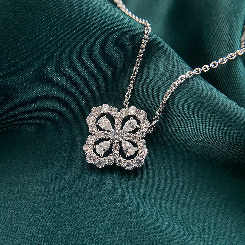 925 Four-leaf Clover Necklace Pendant Full Diamond Clavicle Chain Small Fresh Female Necklace 40+5