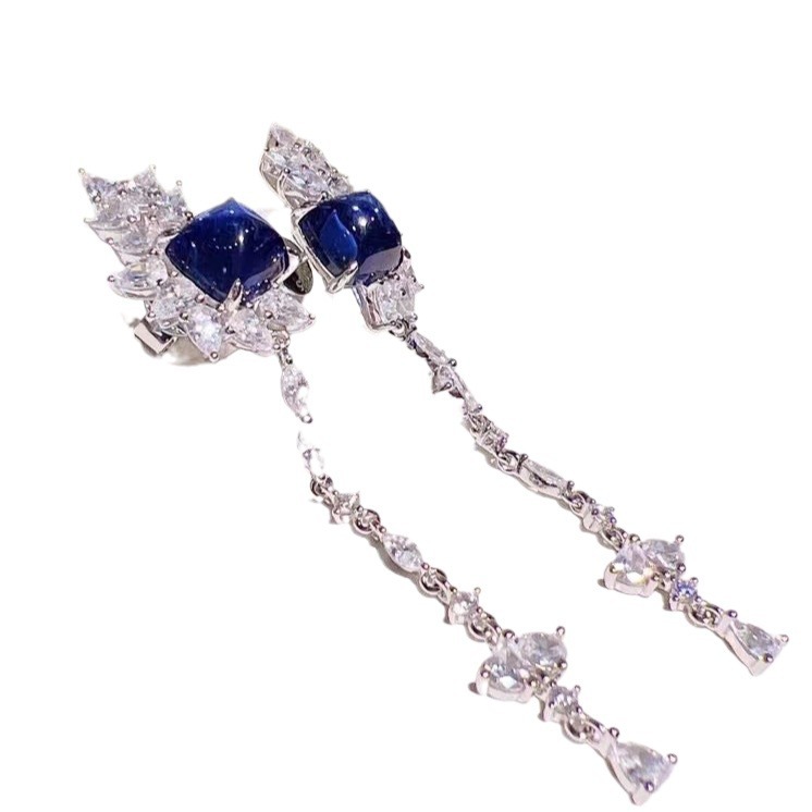 Women’s 925 Silver Gold-Plated High Carbon Diamond Blue Sugar Tower Earrings