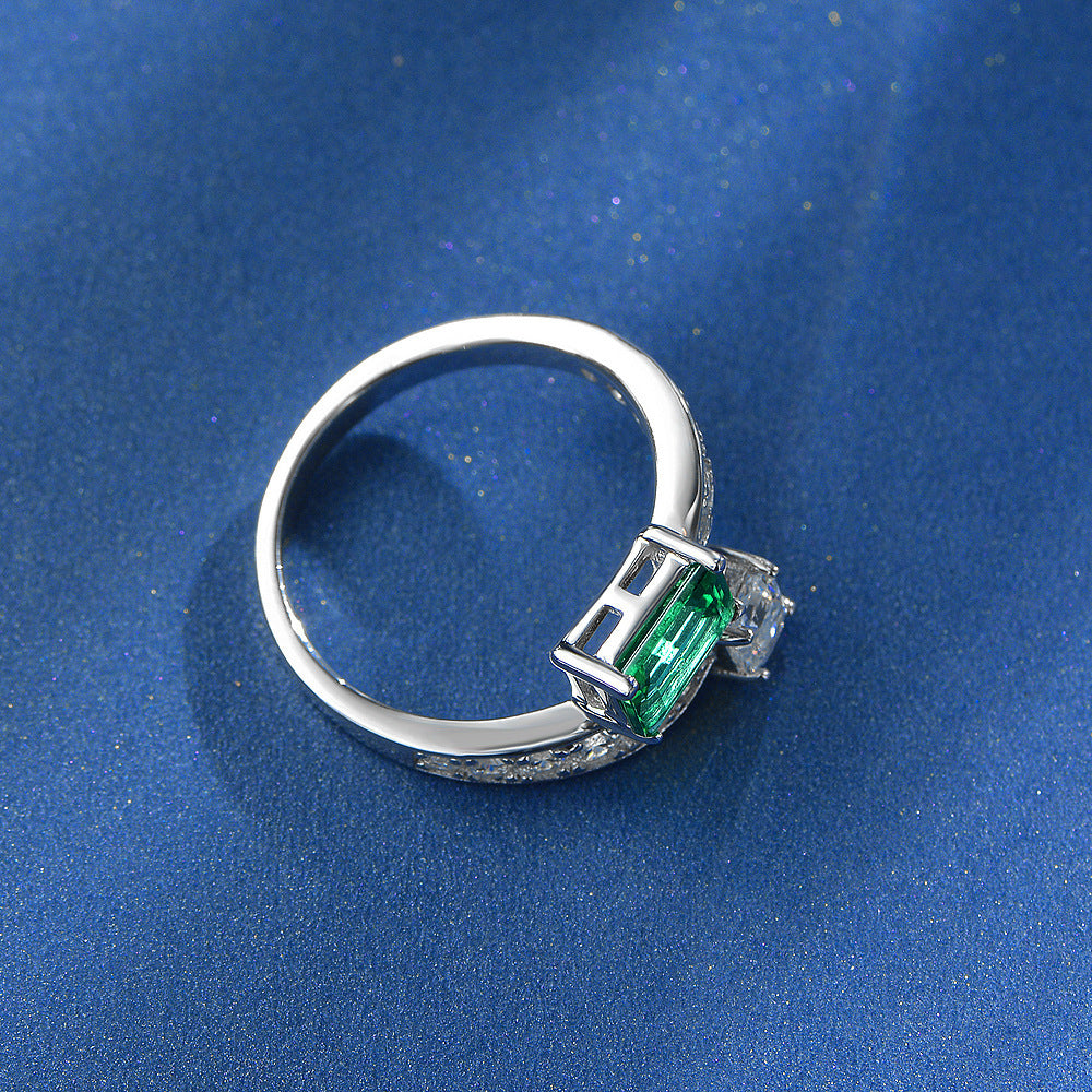 S925 Sterling Silver 1ct Cultured Emerald Ring with 5×7 High Carbon Diamonds
