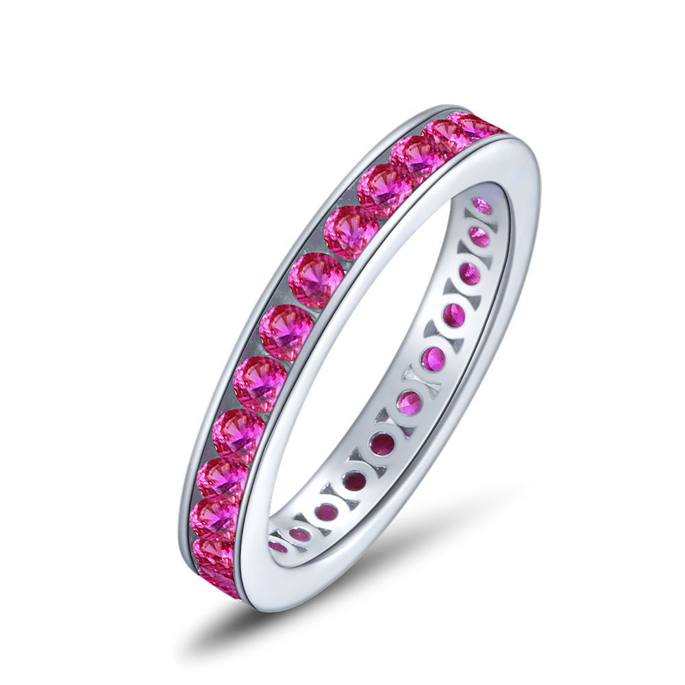 S925 Sterling Silver Ruby Inlaid Round Ring Featuring Dazzling Diamond Accents